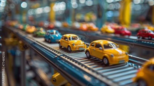 An array of toy motor vehicles in a variety of hues over a conveyer belt within a toy car a manufacturing plant and space, Generative AI.