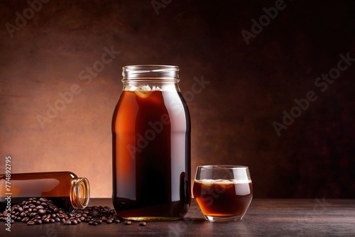 Product packaging mockup photo of cold brew coffee glass bottle, studio advertising photoshoot