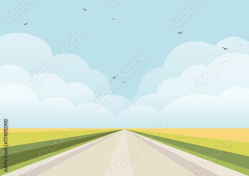 Countryside road rural landscape scene with field. Vector Galicia region view with wheat field.