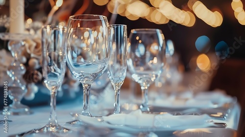 Generative AI : Indoor shot of empty glasses on festive dinner table with white tablecloth against dark blurred background.  photo