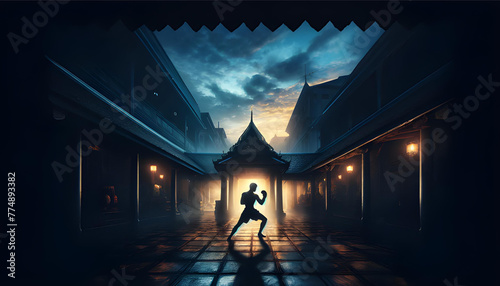 Twilight Dance of a Muay Thai Master: A Silhouette of Strength and Spirit in the City