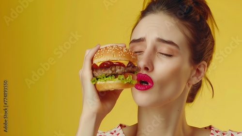 Generative AI   Happy hungry moments of pretty young woman with pink lipstick enjoying tasty hamburger isolated on yellow background. 