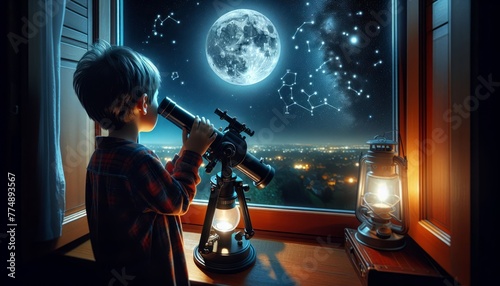 A child looking out the window through a telescope at the night sky with the moon. Cosmonautics Day. World of childhood, Children's Day, orphanage
 photo