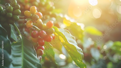 Generative AI : Close up, Arabica coffee berry ripening on tree, coffee beans in North of thailand, Blur background.