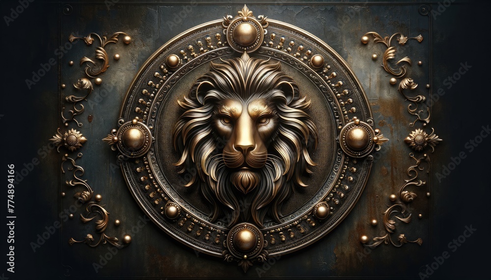 Imposing lion's head is featured within an ornate golden frame, set against an aged metal door with intricate designs.