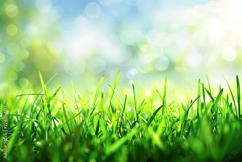 Fototapeta premium Dewy grass with sunlit bokeh backdrop