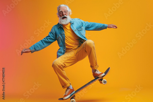 Energetic senior skateboarding on vibrant backdrop photo