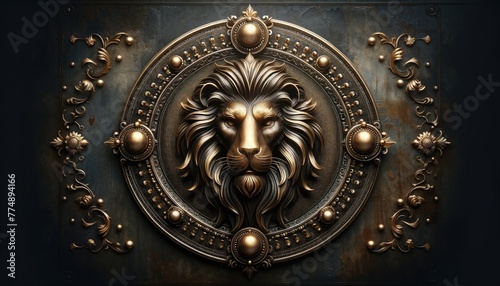 Imposing lion's head is featured within an ornate golden frame, set against an aged metal door with intricate designs.