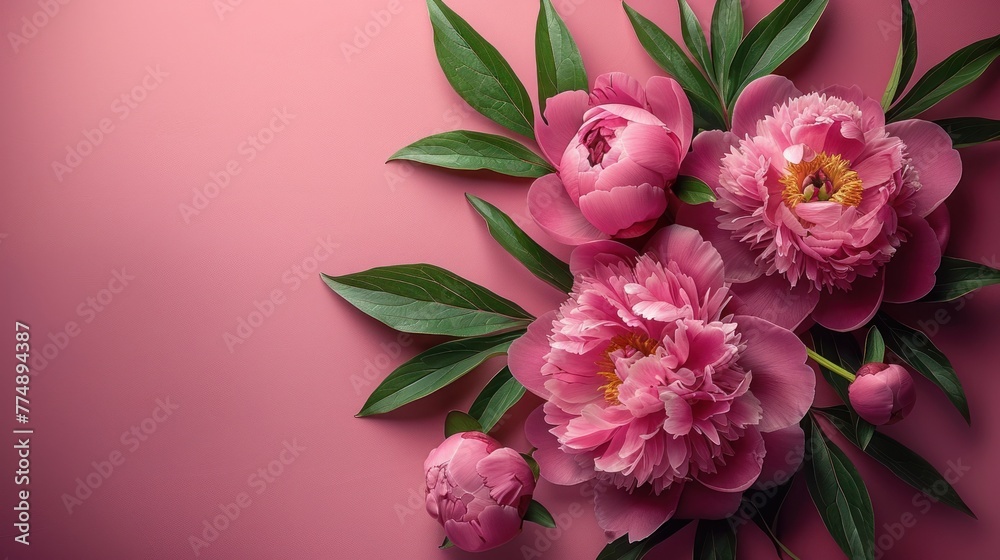 a bouquet of peonies on a pink background, presenting the perfect concept for Mother's Day, Valentine's Day, and birthday celebrations
