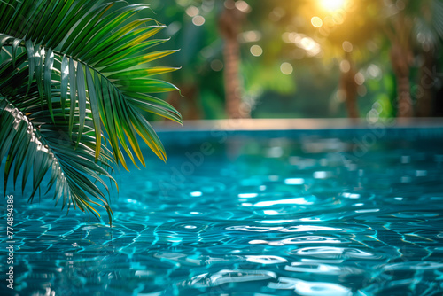Palm frond basking in sunlight above the pool photo