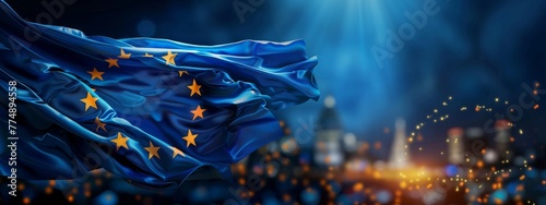 flag of the European Union, adorned with a circle of golden stars, flutters gracefully in the sunlight photo