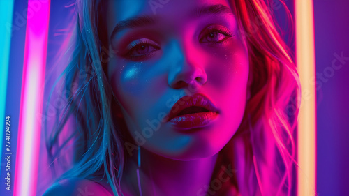 Professional beauty portrait of a beautiful girl posing under vibrant neon lighting. Colorful makeup  female high fashion model on a colorful bright background  artistic design  UV design.