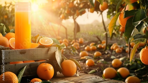 Generative AI : Orange juice with fresh orange in iwooden crate in orange farming background. photo