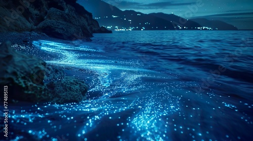 Bioluminescent plankton illuminating the midnight ocean underwater scene