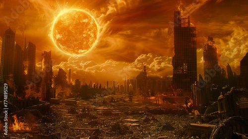 A blazing sun looms over a city  streets melt under a heatwave  futuristic cooling towers struggle