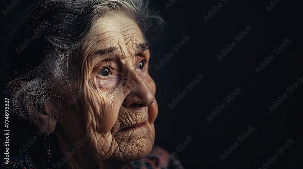 Generative AI : Portrait of elderly woman on dark background. Toned. Generative AI : Portrait of elderly woman on dark background. Toned.