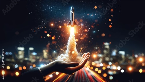 Hands release a powerful rocket towards the starry sky, symbolizing the launch of dreams and ambitions, with a vibrant cityscape below. © Preyanuch