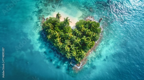 A heart-shaped tropical island paradise in the open ocean