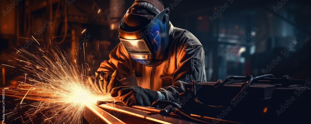 Woman welder in protective workwear in industrial factory. Woman welder in protective workwear in industrial factory.
