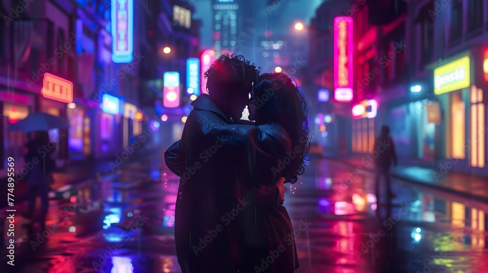 Embracing in a city street at night