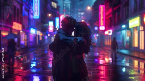 Embracing in a city street at night