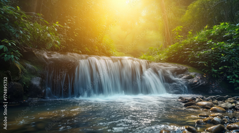 beautiful waterfall on the river in the spring forest in the rays of sunset