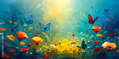 Colorfull flower field with butterflies flying oil painting  © D85studio