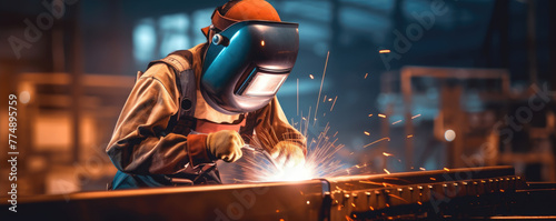 Woman welder in protective workwear in industrial factory. photo