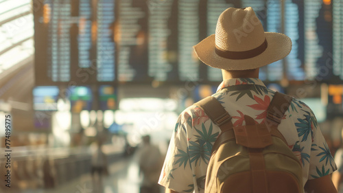 Traveler person in airport terminal looking at departure board. © meteoritka