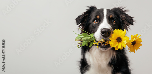 Dog holding bouquet of flowers in its mouth. Happy birthday card, cute animal banner with copy space.