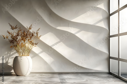 Fototapeta Naklejka Na Ścianę i Meble -  Trendy textured white wall with 3D organic lines. Minimalist interior with boho vase, background for showcase mockup.