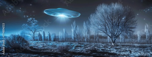 A saucer-shaped UFO hovering over a moonlit field, illuminating nearby trees with its mysterious lights.