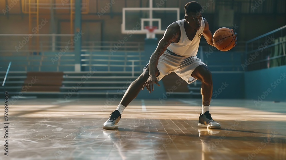 Generative AI : Basketball player in action with a ball isolated on white background. Dribbling