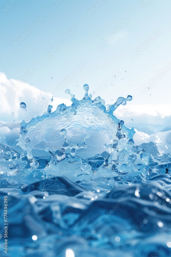 A blue ice background, with the foreground of an icy water splash in front and a flat white sky behind it. illustration made with Generative Ai A blue ice background, with the foreground of an icy water splash in front and a flat white sky behind it. illustration made with Generative Ai