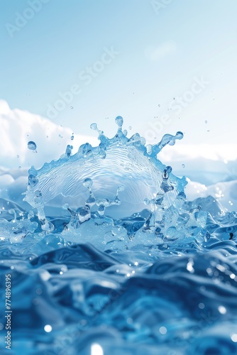 A blue ice background, with the foreground of an icy water splash in front and a flat white sky behind it. illustration made with Generative Ai