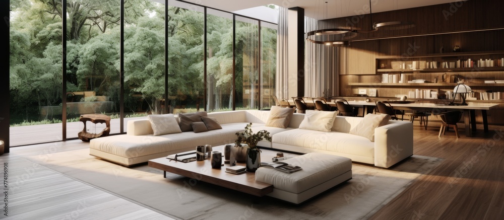 Bright and spacious living room featuring a large white couch and a central coffee table