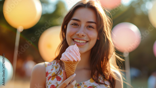 Happy summer holidays  birthday celebration concept. Young woman holding ice cream cone  festive colourful balloons on background.