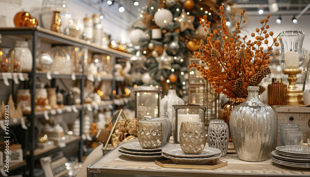 In a home décor store - a seasonal holiday sale is taking place with decorations and furnishings marked down