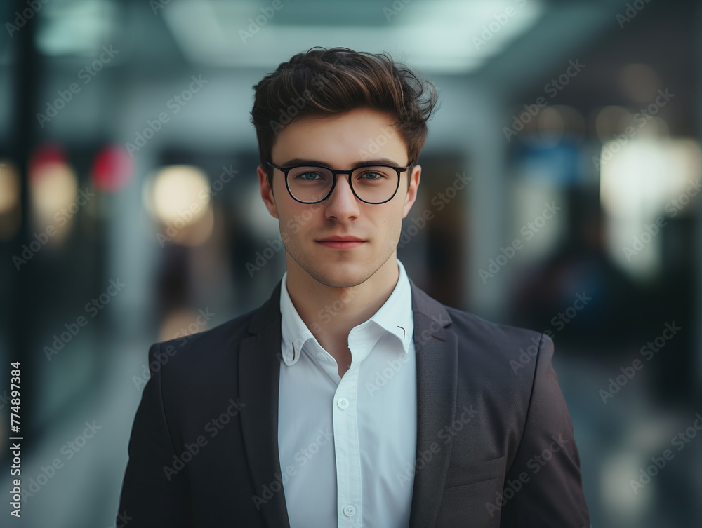 Fototapeta premium The bespectacled dapper gentleman. A young man exudes sophistication and intelligence in his stylish suit, complemented by his fashionable glasses