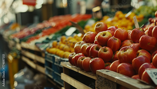 Rows of fresh fruits and vegetables - each with their own price tags - are displayed at a bustling local farmer's market