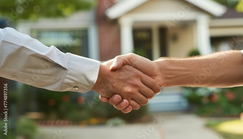Close-Up of Real Estate Agent's Hand Shaking Buyer's Hand in Front of New Home