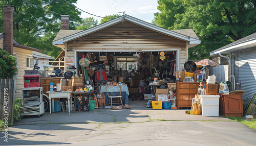 In a suburban neighborhood - a garage sale is underway with various household items displayed on tables and blankets photo