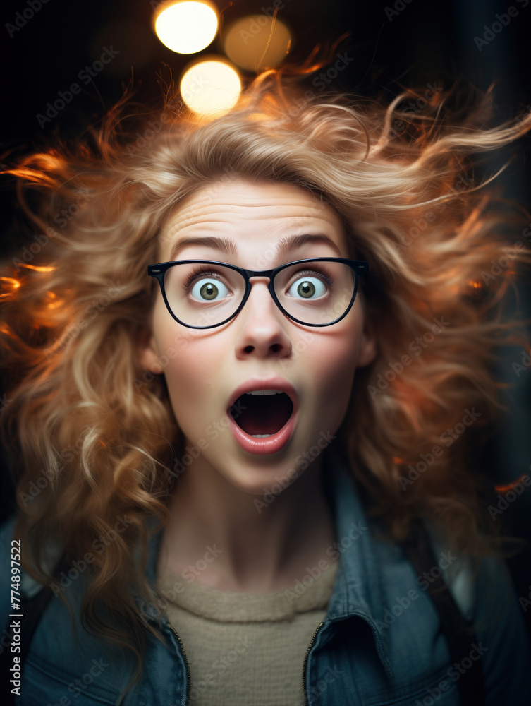 Spectacular spectacles: captivating surprise. A woman with glasses is making a surprised face, her eyes wide and mouth agape in amazement