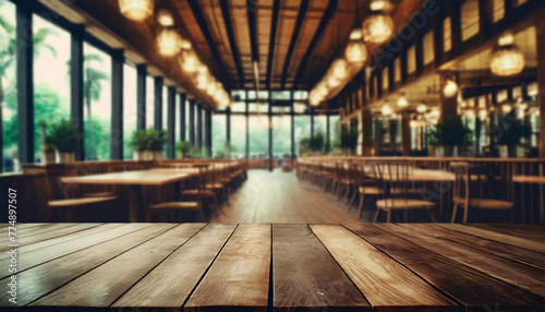 Wood background with a restaurant view , copyspace banner