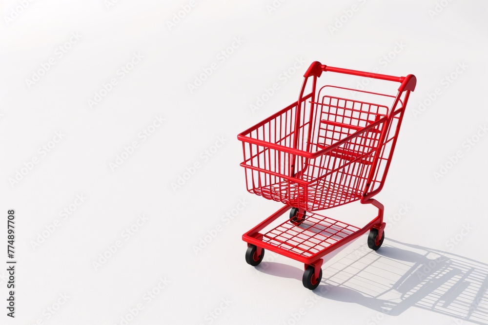 a red shopping cart on a white surface