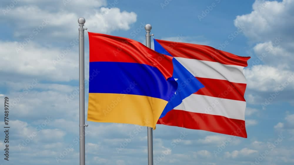 Puerto Rico and Armenia two flags waving together, looped video, two country cooperation concept Puerto Rico and Armenia two flags waving together, looped video, two country cooperation concept