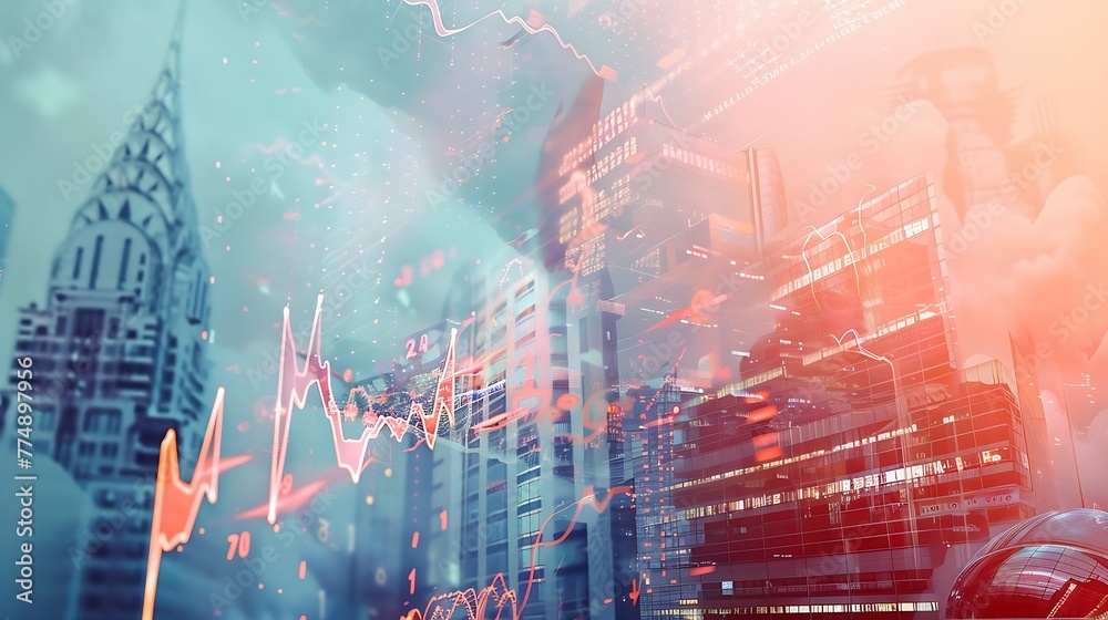 Generative AI : Economic crisis concept shown by declining graphs and digital indicators overlap modernistic city background. Double exposure. Generative AI : Economic crisis concept shown by declining graphs and digital indicators overlap modernistic city background. Double exposure.