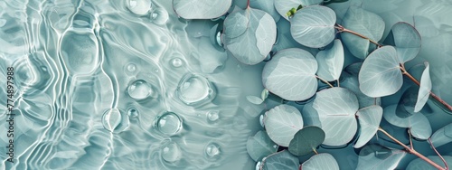 eucalyptus plant leaves in water, beauty spa wellness skincare product background banner with copy space