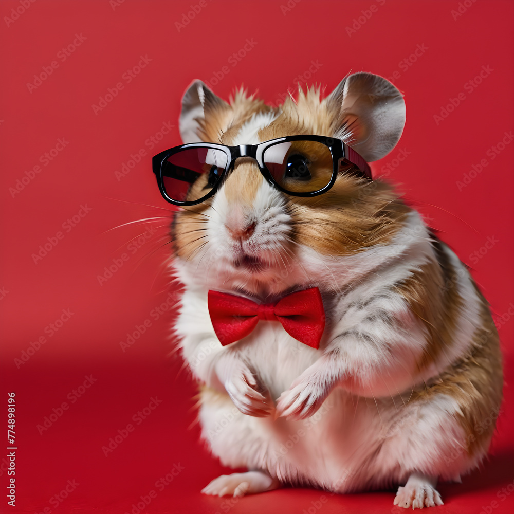 a hamster on a red background wearing sunglasses. copy space, text space. for postcards, banners