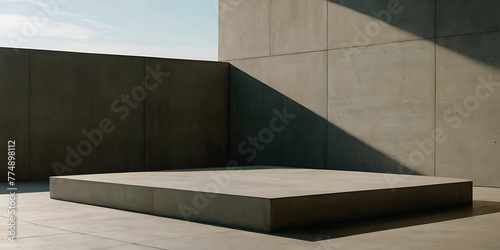Architectural stone slab wall and stone display platform illuminated by sunlight.